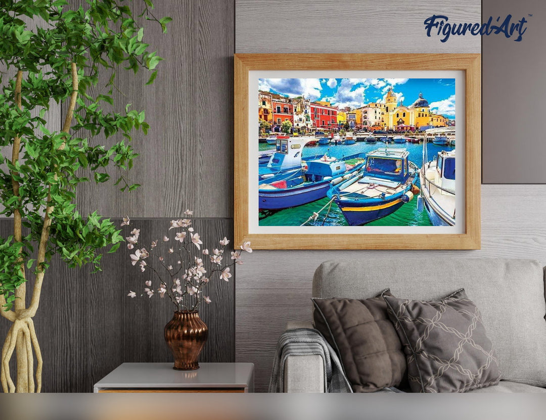 Malen nach Zahlen 40x50cm ohne Keilrahmen Figured’Art Kleine Fischerboote im Hafen