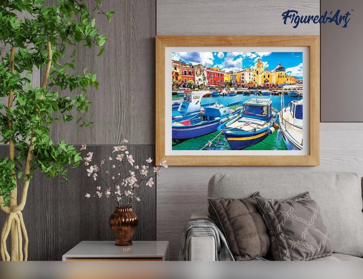 Malen nach Zahlen 40x50cm ohne Keilrahmen Figured’Art Kleine Fischerboote im Hafen