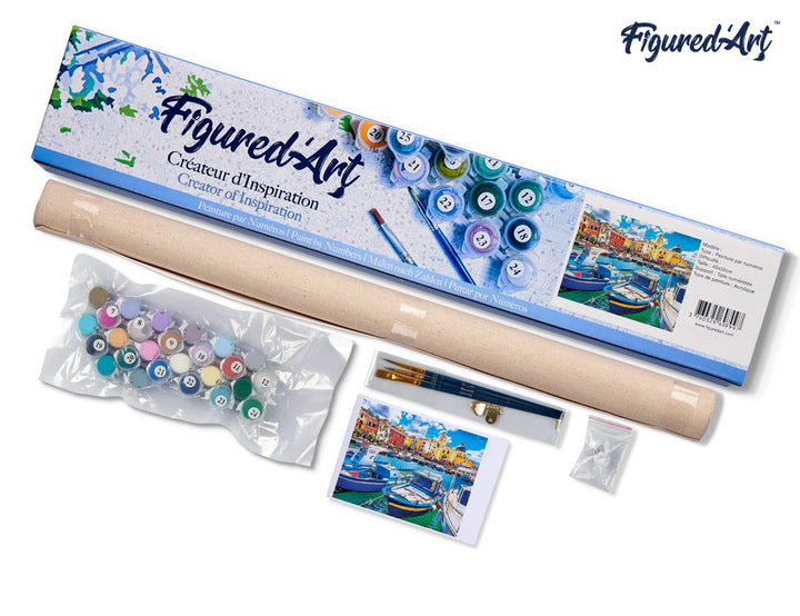 Malen nach Zahlen 40x50cm ohne Keilrahmen Figured’Art Kleine Fischerboote im Hafen