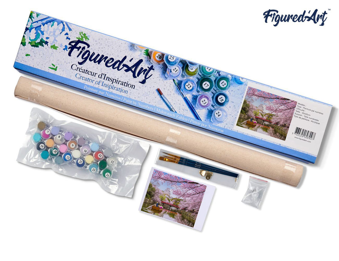 Malen nach Zahlen 40x50cm ohne Keilrahmen Figured’Art Kirschblüten am Fluss in Japan