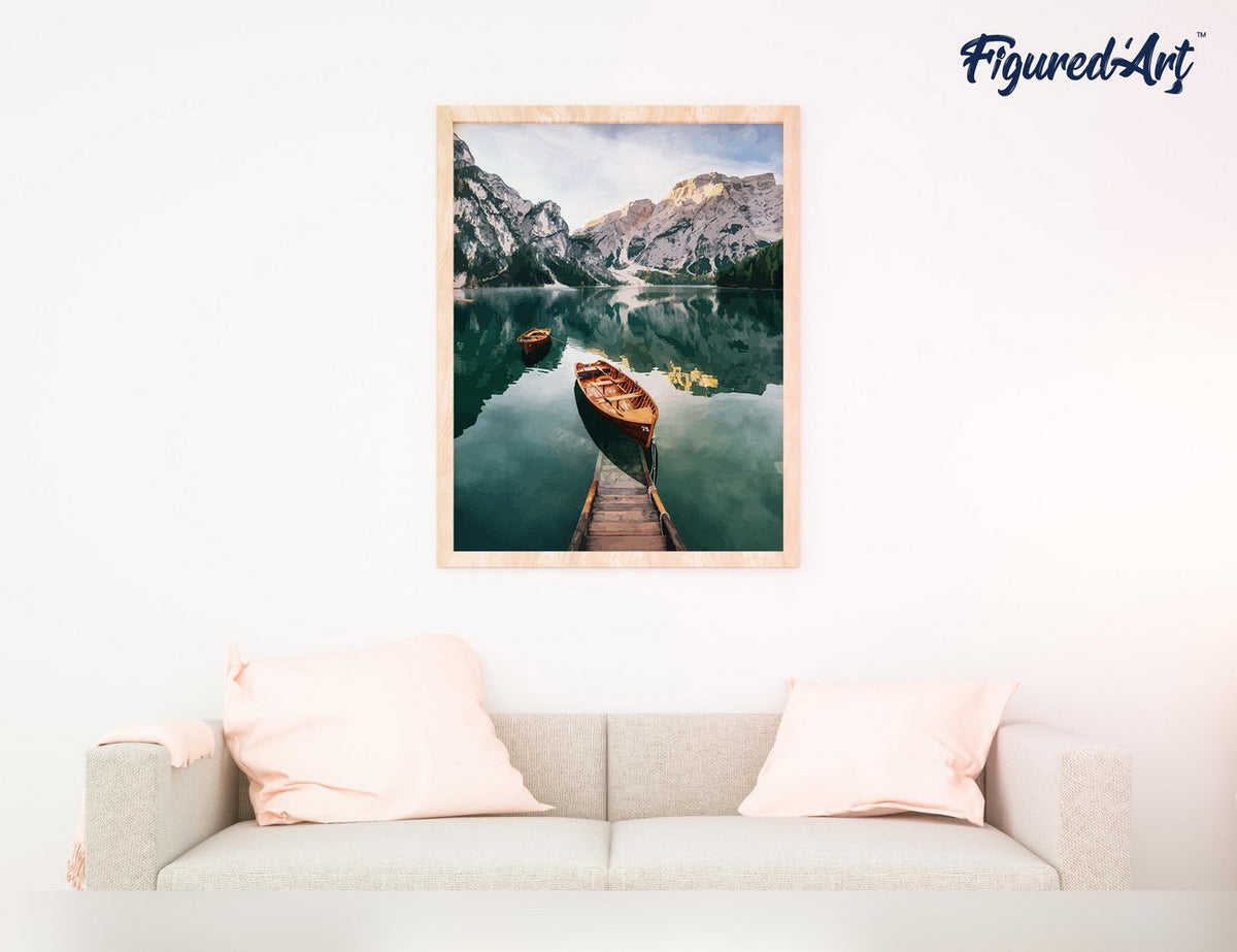 Malen nach Zahlen 40x50cm auf Keilrahmen gespannt Figured’Art Boot und Gebirgssee - Kidis Art