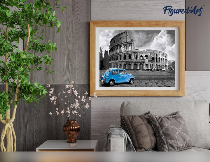 Malen nach Zahlen 40x50cm ohne Keilrahmen Figured’Art Blaues Auto am Koloseum