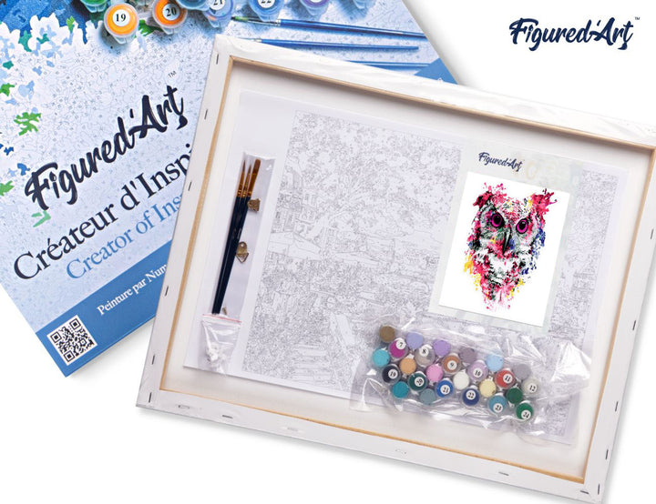 Malen nach Zahlen 40x50cm auf Keilrahmen gespannt Figured’Art Moderne rosarote Eule