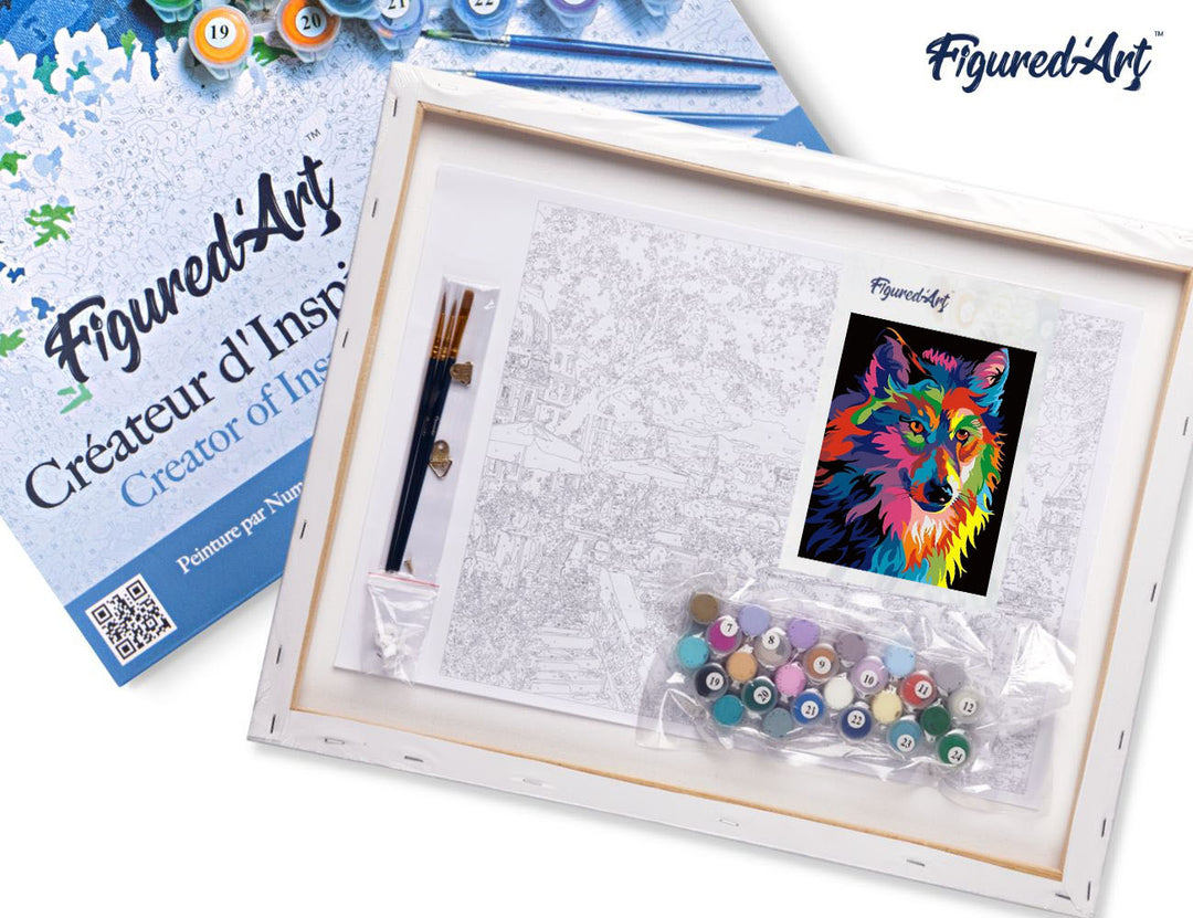 Malen nach Zahlen 40x50cm auf Keilrahmen gespannt Figured’Art Wolf Pop Art - Kidis Art