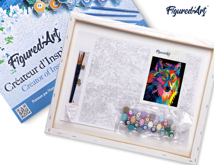 Malen nach Zahlen 40x50cm auf Keilrahmen gespannt Figured’Art Wolf Pop Art - Kidis Art