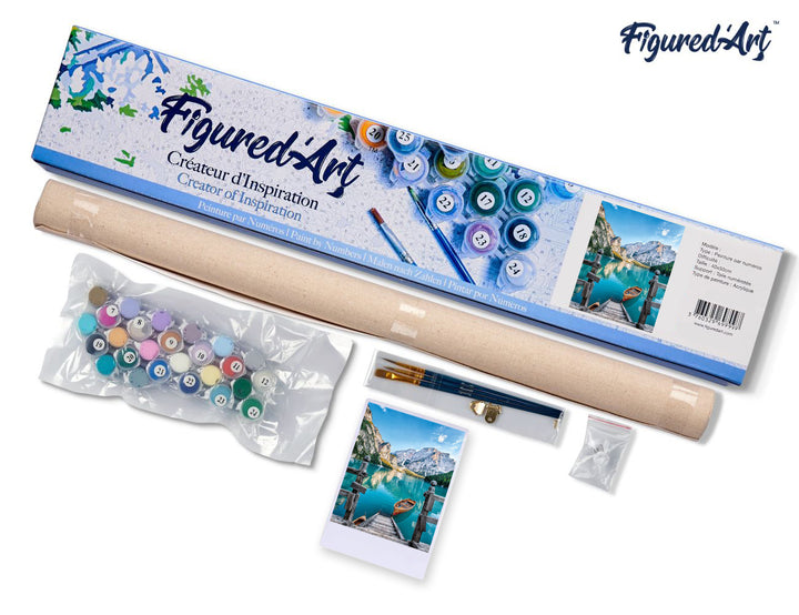 Malen nach Zahlen 40x50cm ohne Keilrahmen Figured’Art Boot auf einem Bergsee - Kidis Art