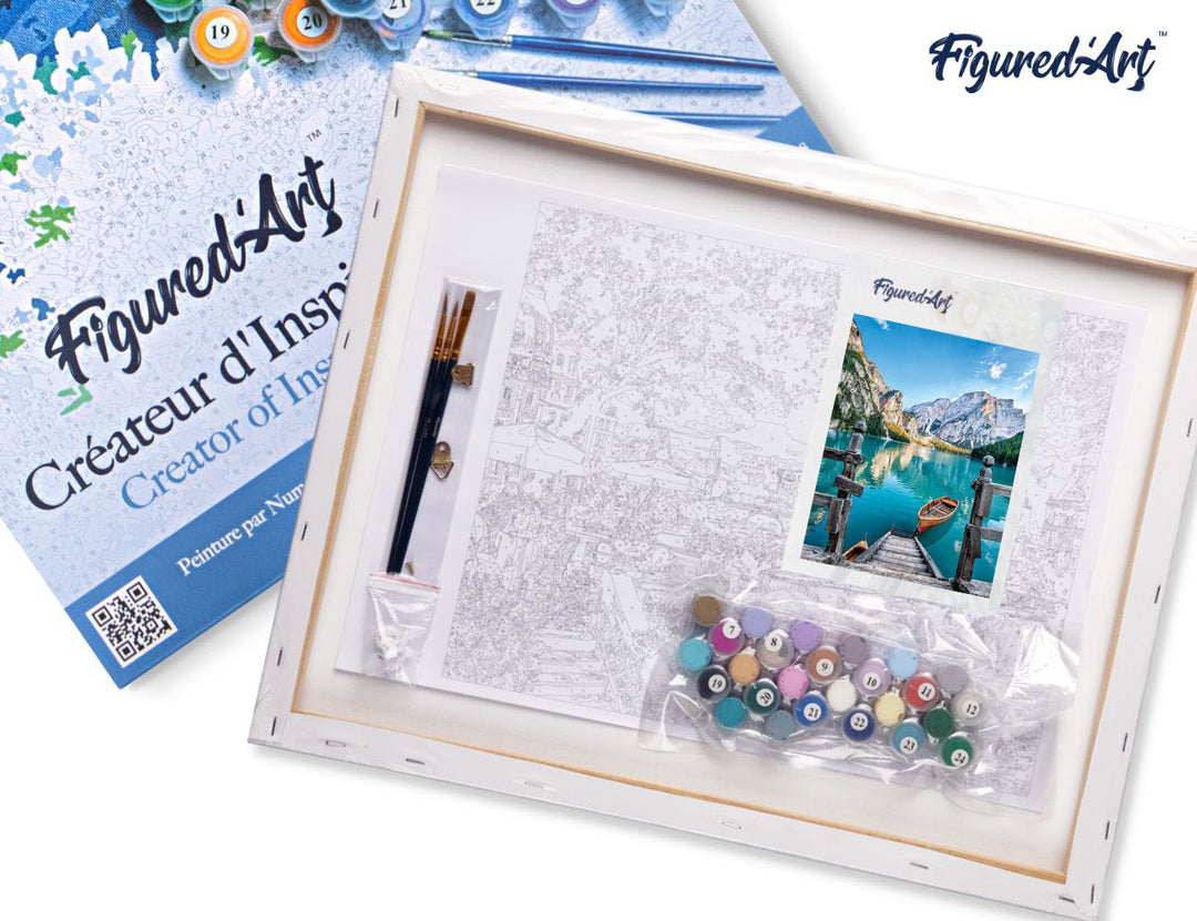 Malen nach Zahlen 40x50cm auf Keilrahmen gespannt Figured’Art Boot auf einem Bergsee