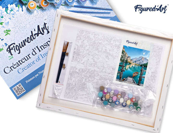 Malen nach Zahlen 40x50cm auf Keilrahmen gespannt Figured’Art Boot auf einem Bergsee