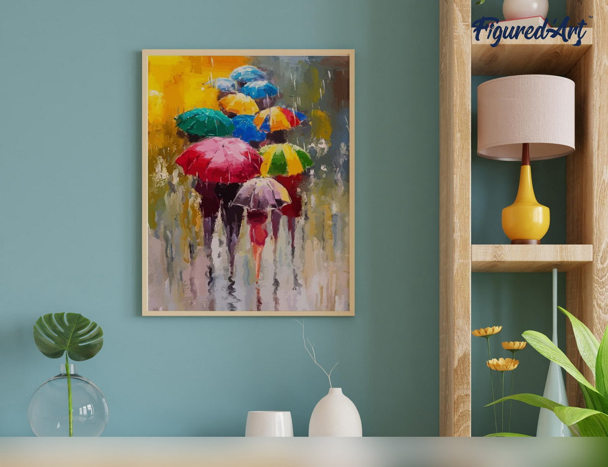 Malen nach Zahlen 40x50cm ohne Keilrahmen Figured’Art Schirme im Regen - Kidis Art