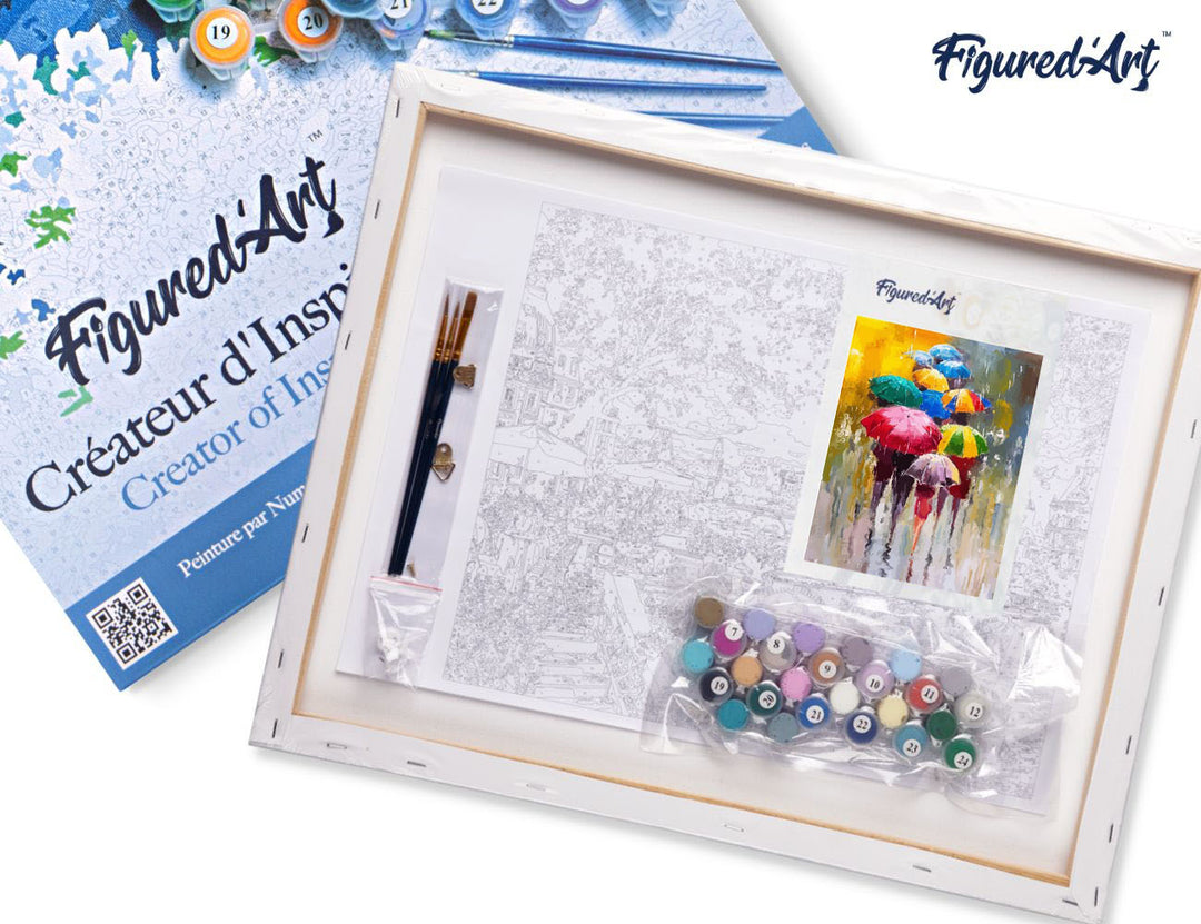 Malen nach Zahlen 40x50cm auf Keilrahmen gespannt Figured’Art Schirme im Regen