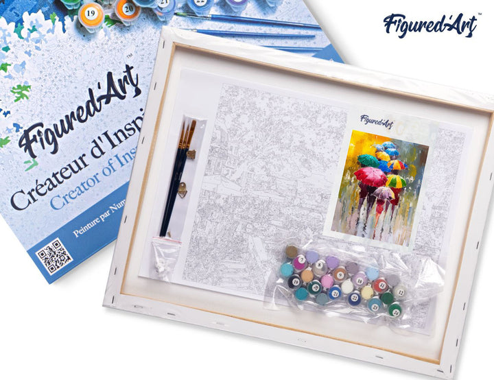 Malen nach Zahlen 40x50cm auf Keilrahmen gespannt Figured’Art Schirme im Regen