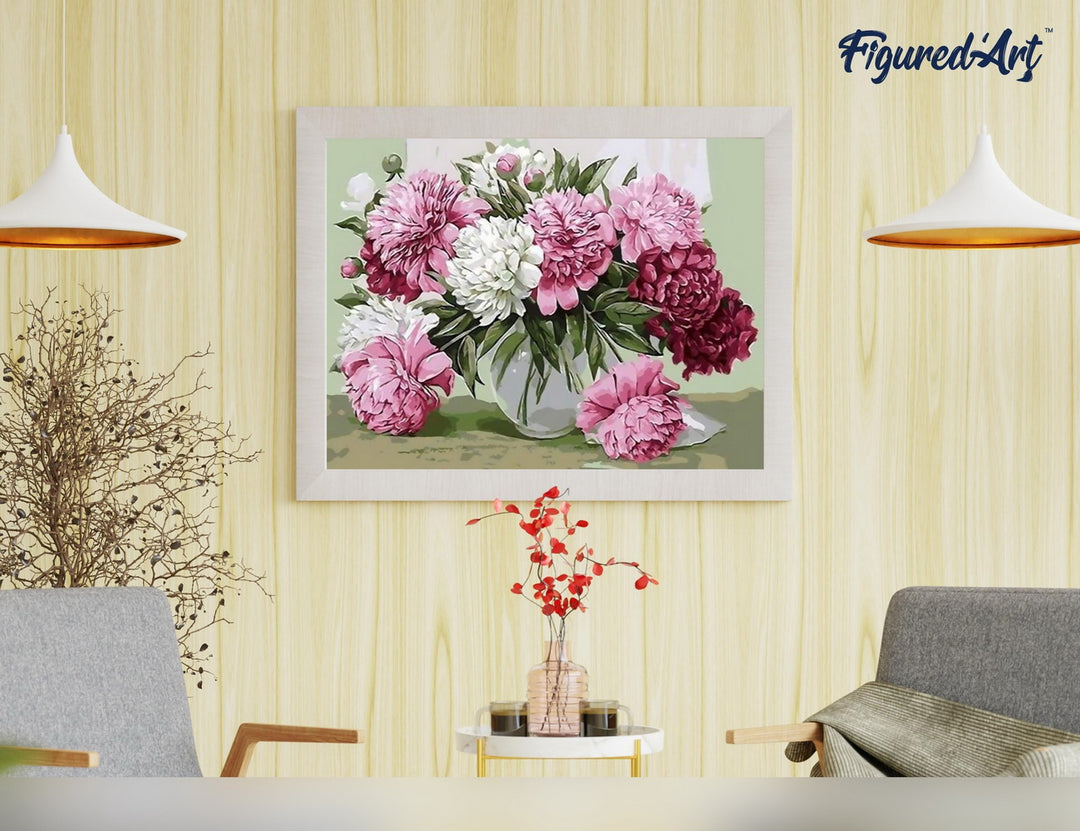 Malen nach Zahlen 40x50cm ohne Keilrahmen Figured’Art Schöne blühende Pfingstrosen