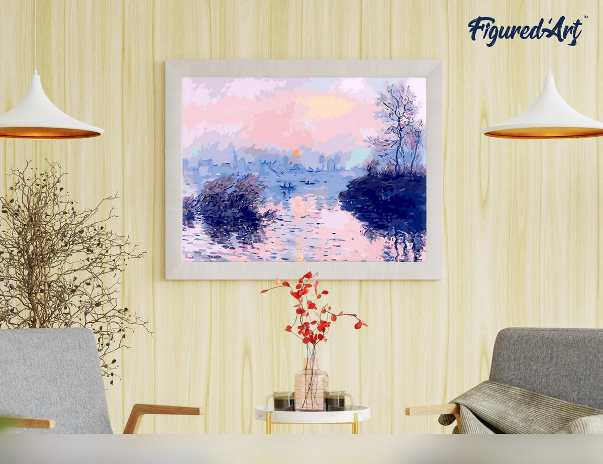 Malen nach Zahlen 40x50cm ohne Keilrahmen Figured’Art Sonnenuntergang an der Seine bei Lavacourt – Monet - Kidis Art
