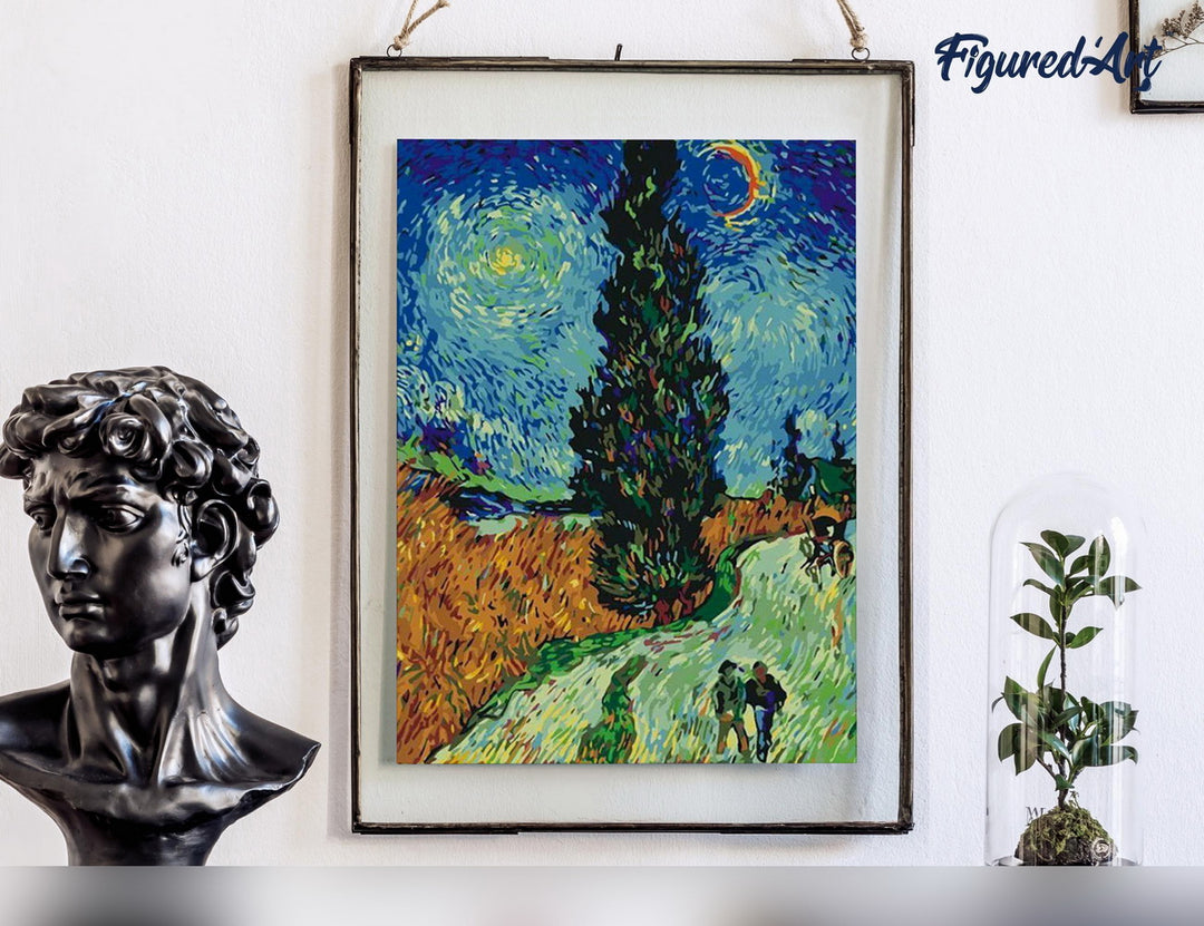 Malen nach Zahlen 40x50cm ohne Keilrahmen Figured’Art Landstrasse mit Zypresse und Stern – Van Gogh