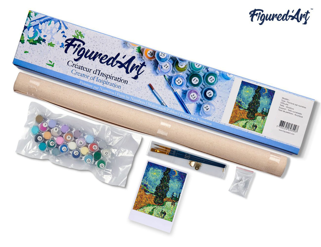 Malen nach Zahlen 40x50cm ohne Keilrahmen Figured’Art Landstrasse mit Zypresse und Stern – Van Gogh