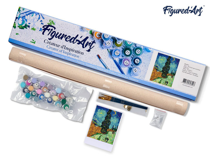 Malen nach Zahlen 40x50cm ohne Keilrahmen Figured’Art Landstrasse mit Zypresse und Stern – Van Gogh