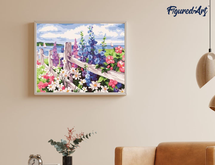 Malen nach Zahlen 40x50cm ohne Keilrahmen Figured’Art Gartenzaun und Blumen