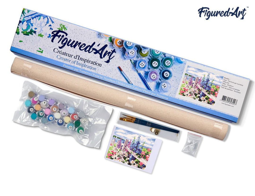 Malen nach Zahlen 40x50cm ohne Keilrahmen Figured’Art Gartenzaun und Blumen