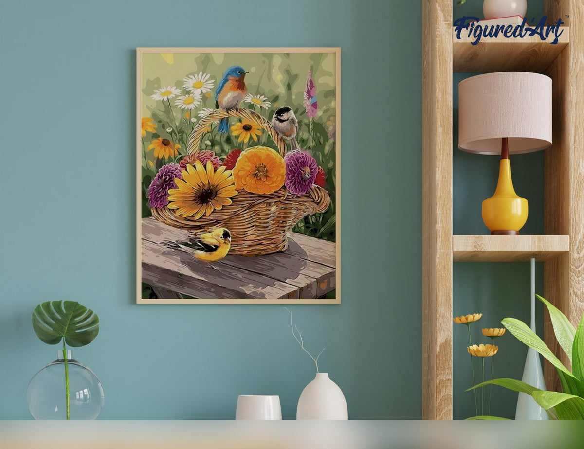 Malen nach Zahlen 40x50cm ohne Keilrahmen Figured’Art Blumen im Korb und Vögeln - Kidis Art