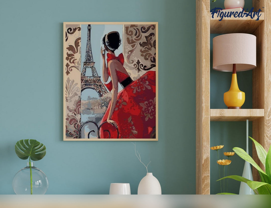 Malen nach Zahlen 40x50cm ohne Keilrahmen Figured’Art Schöne Frau und Eiffelturm