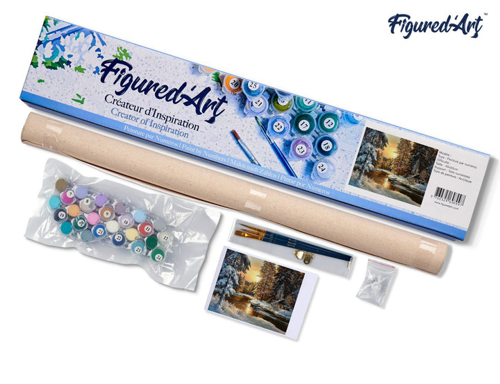 Malen nach Zahlen 40x50cm ohne Keilrahmen Figured’Art Sonnenuntergang im Wald