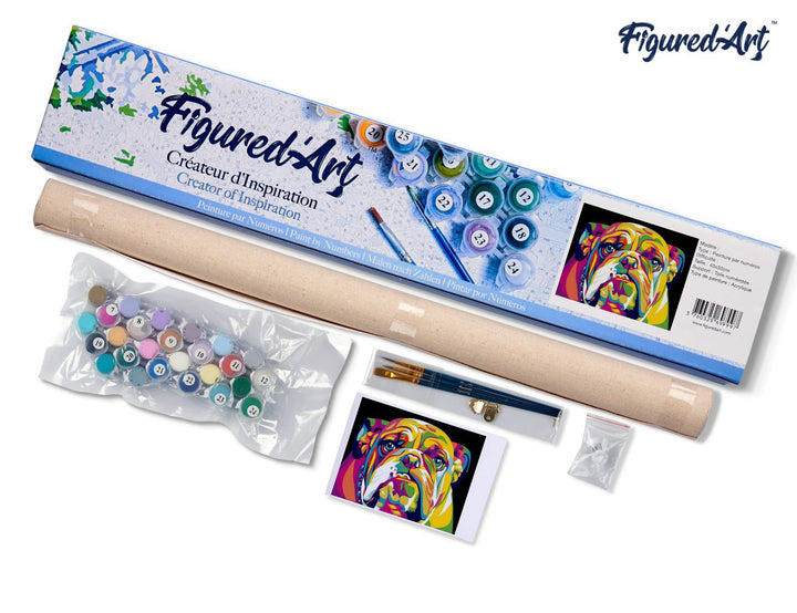 Malen nach Zahlen 40x50cm ohne Keilrahmen Figured’Art Bulldog Pop Art