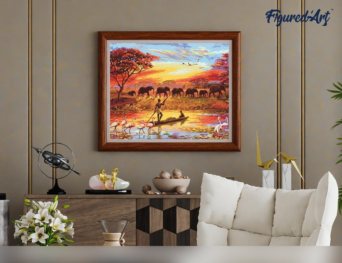 Malen nach Zahlen 40x50cm auf Keilrahmen gespannt Figured’Art Sonnenuntergang Elefanten - Kidis Art