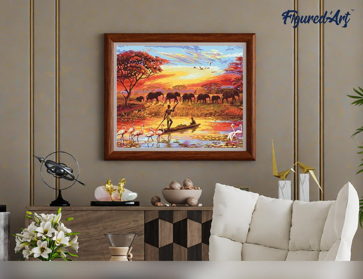 Malen nach Zahlen 40x50cm auf Keilrahmen gespannt Figured’Art Sonnenuntergang Elefanten - Kidis Art
