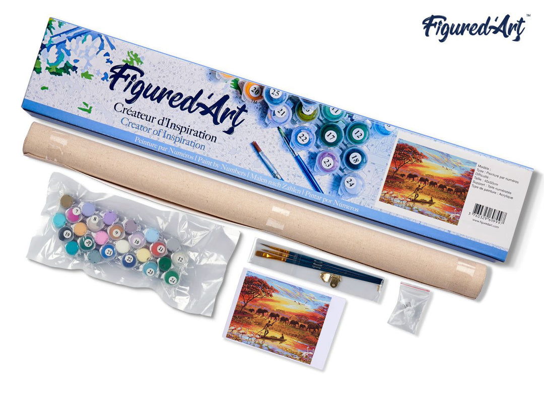 Malen nach Zahlen 40x50cm ohne Keilrahmen Figured’Art Sonnenuntergang Elefanten