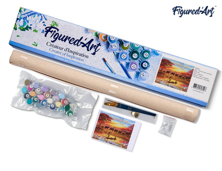 Malen nach Zahlen 40x50cm ohne Keilrahmen Figured’Art Sonnenuntergang Elefanten