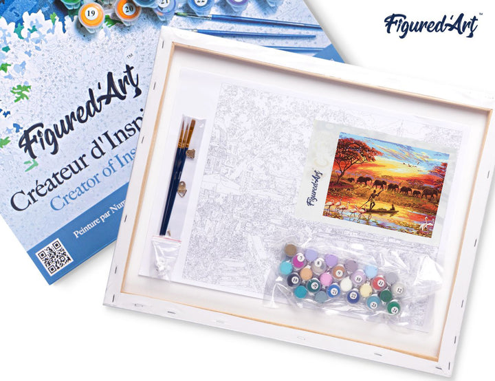 Malen nach Zahlen 40x50cm auf Keilrahmen gespannt Figured’Art Sonnenuntergang Elefanten - Kidis Art