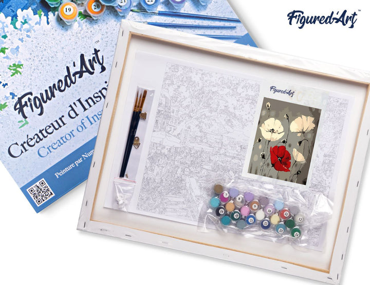 Malen nach Zahlen 40x50cm auf Keilrahmen gespannt Figured’Art Rote und weisse Blumen