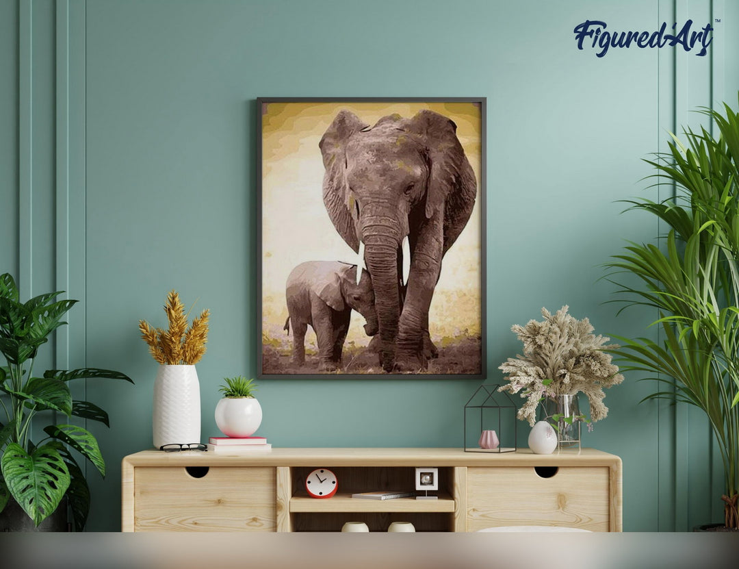 Malen nach Zahlen 40x50cm ohne Keilrahmen Figured’Art Elefant und ihr Kalb