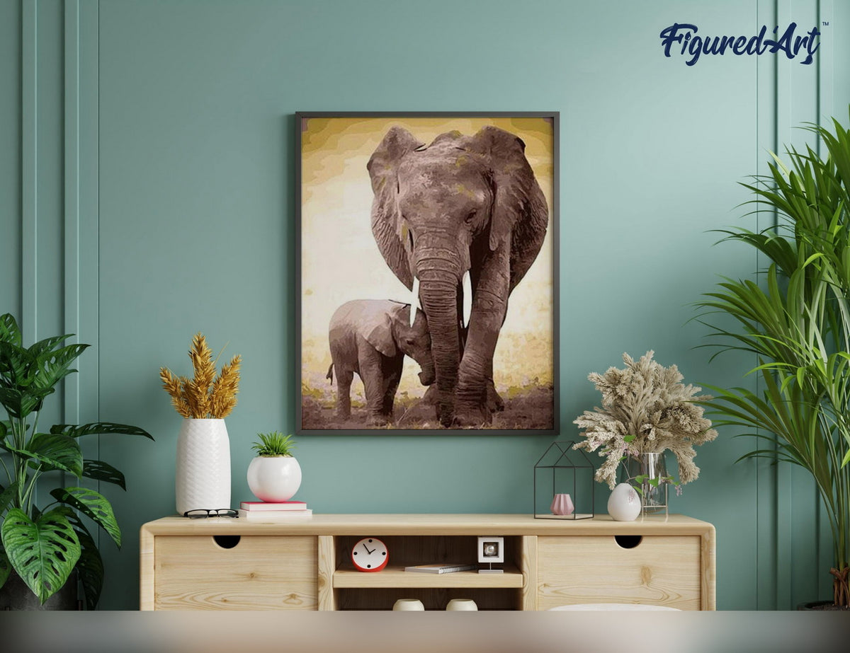 Malen nach Zahlen 40x50cm ohne Keilrahmen Figured’Art Elefant und ihr Kalb - Kidis Art