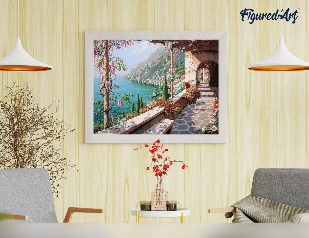 Malen nach Zahlen 40x50cm ohne Keilrahmen Figured’Art Meeresblick von der Terrasse