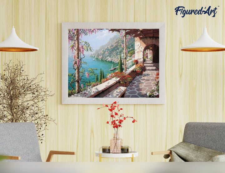 Malen nach Zahlen 40x50cm ohne Keilrahmen Figured’Art Meeresblick von der Terrasse