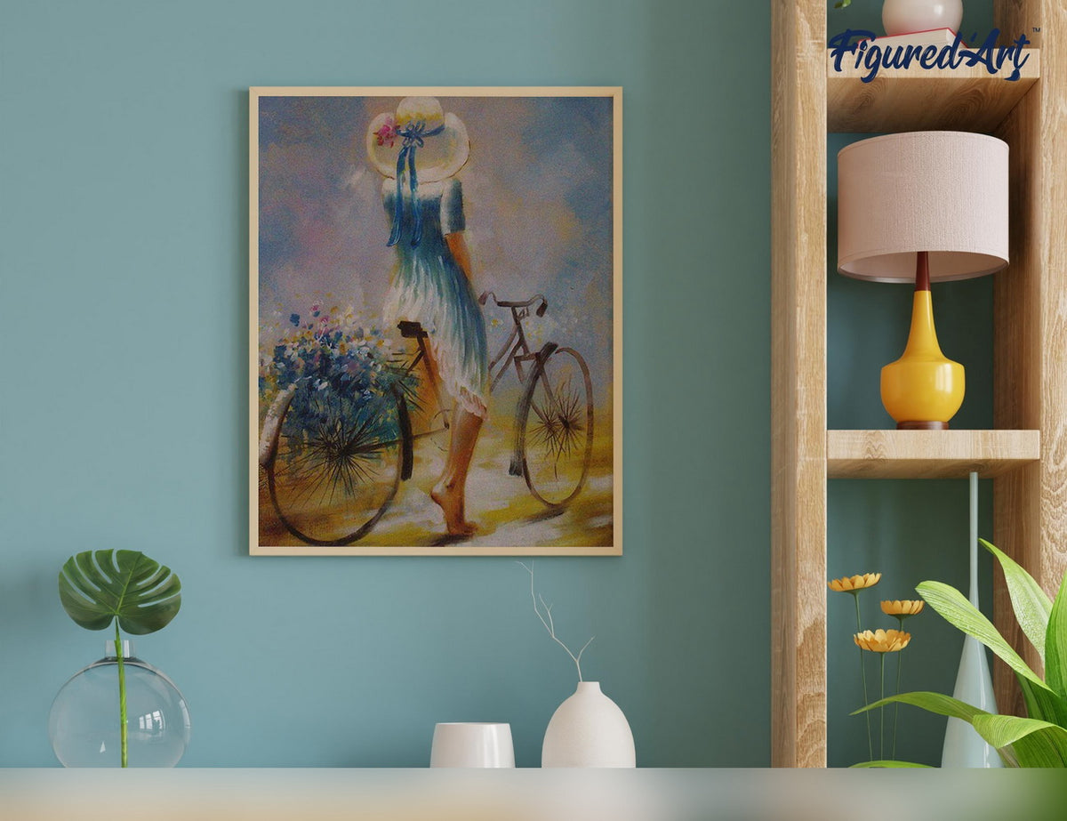 Malen nach Zahlen 40x50cm ohne Keilrahmen Figured’Art Junge Frau mit Fahrrad - Kidis Art