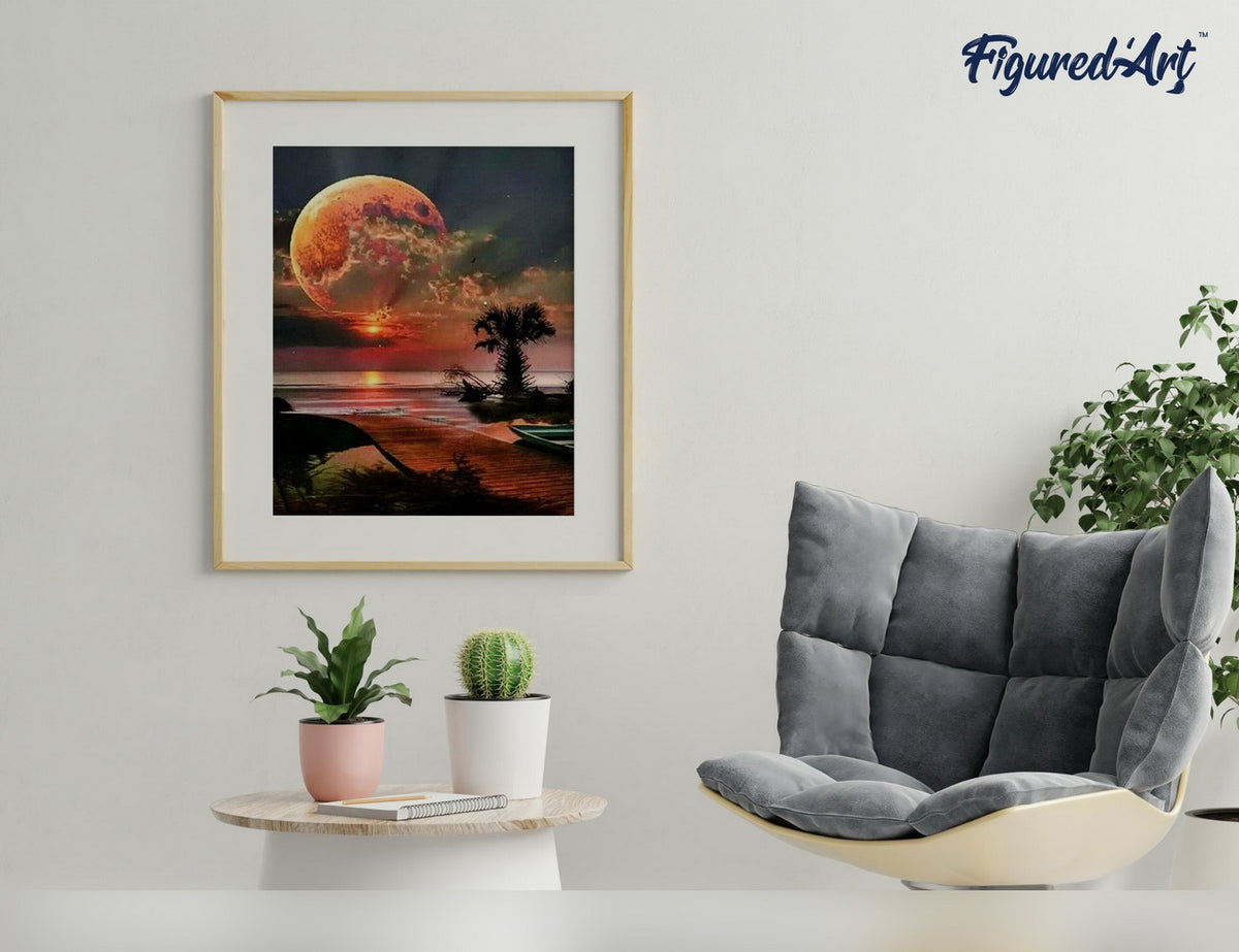 Malen nach Zahlen 40x50cm ohne Keilrahmen Figured’Art Meer und Grosser Mond - Kidis Art