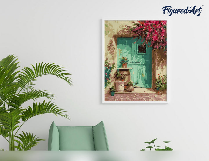 Malen nach Zahlen 40x50cm auf Keilrahmen gespannt Figured’Art Eingang mit Blumen