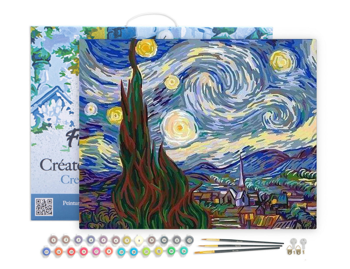 Figured'Art Malen nach Zahlen 40x50cm auf Keilrahmen gespannt Sternennacht – Van Gogh - Kidis Art