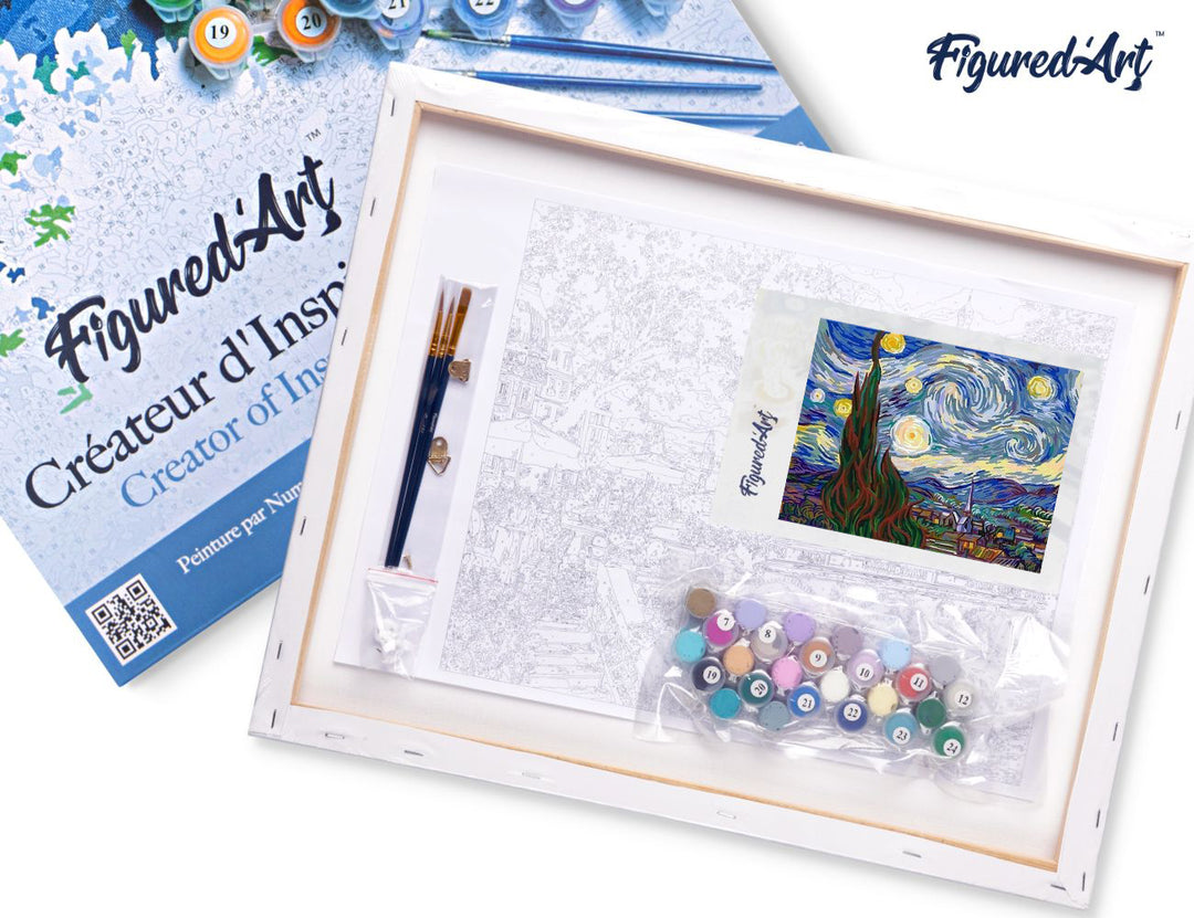 Figured'Art Malen nach Zahlen 40x50cm auf Keilrahmen gespannt Sternennacht – Van Gogh - Kidis Art
