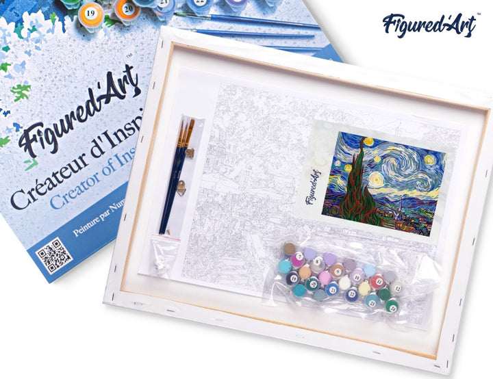 Figured'Art Malen nach Zahlen 40x50cm auf Keilrahmen gespannt Sternennacht – Van Gogh - Kidis Art