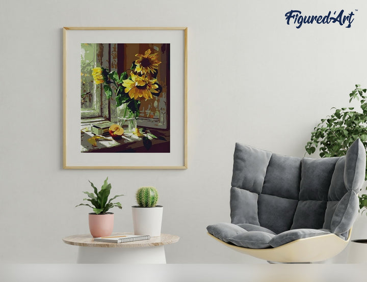 Malen nach Zahlen 40x50cm ohne Keilrahmen Figured’Art Sonnenblumen und Apfel vor dem Fenster