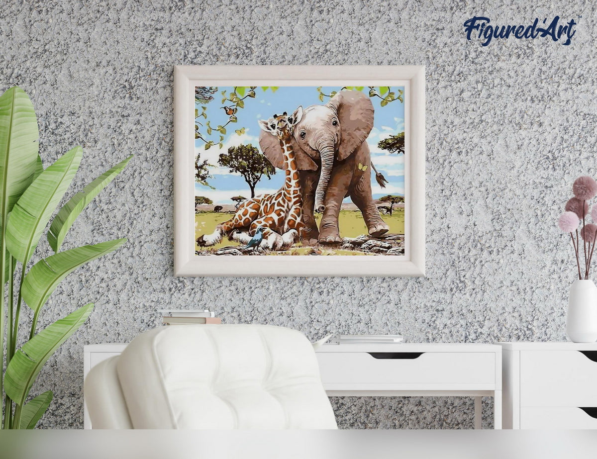 Malen nach Zahlen 40x50cm auf Keilrahmen gespannt Figured’Art Elefant und Giraffe - Kidis Art