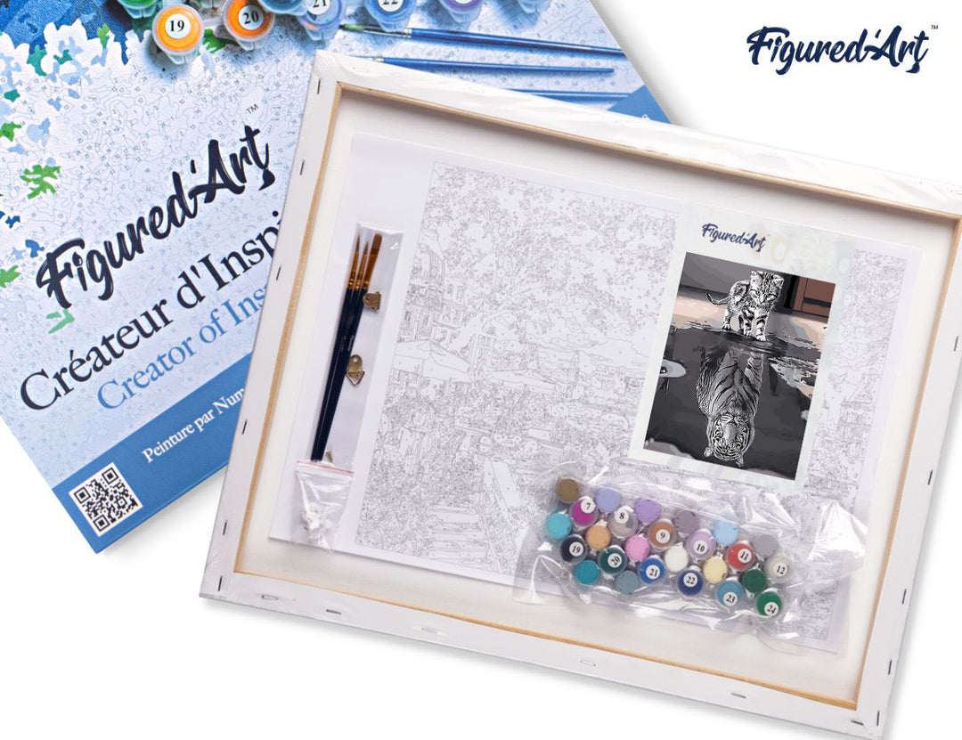 FiguredArt Malen Nach Zahlen Katze Und Weißer Tiger 40x50 Cm Keilrahmen Startklar Vorgemischte Farben Pinsel - Kidis Art