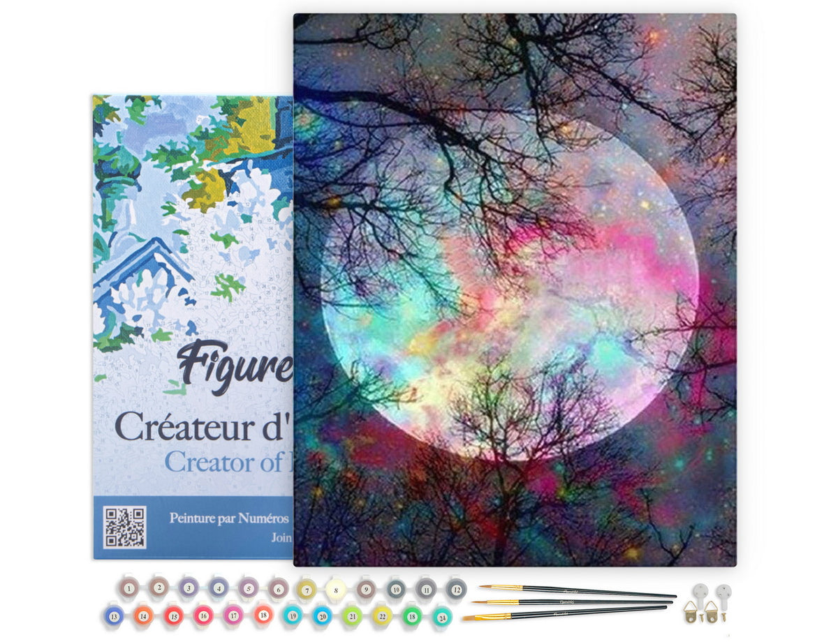 Figured'Art Malen Nach Zahlen 40x50 Cm Auf Keilrahmen Vollmond Mit Bunten Farben Und Vorgemischten Acrylfarben - Kidis Art