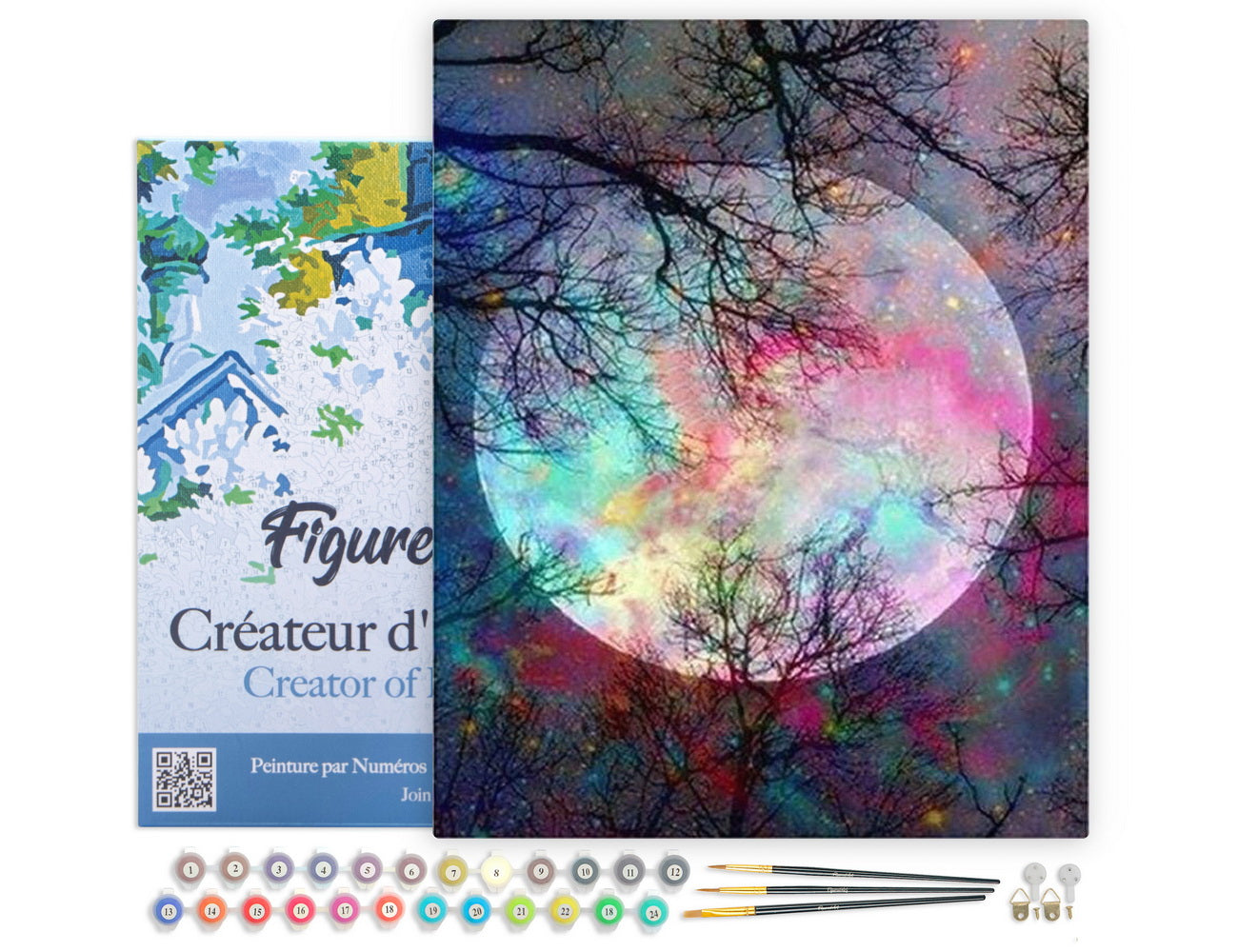 Figured'Art Malen Nach Zahlen 40x50 Cm Auf Keilrahmen Vollmond Mit Bunten Farben Und Vorgemischten Acrylfarben - Kidis Art