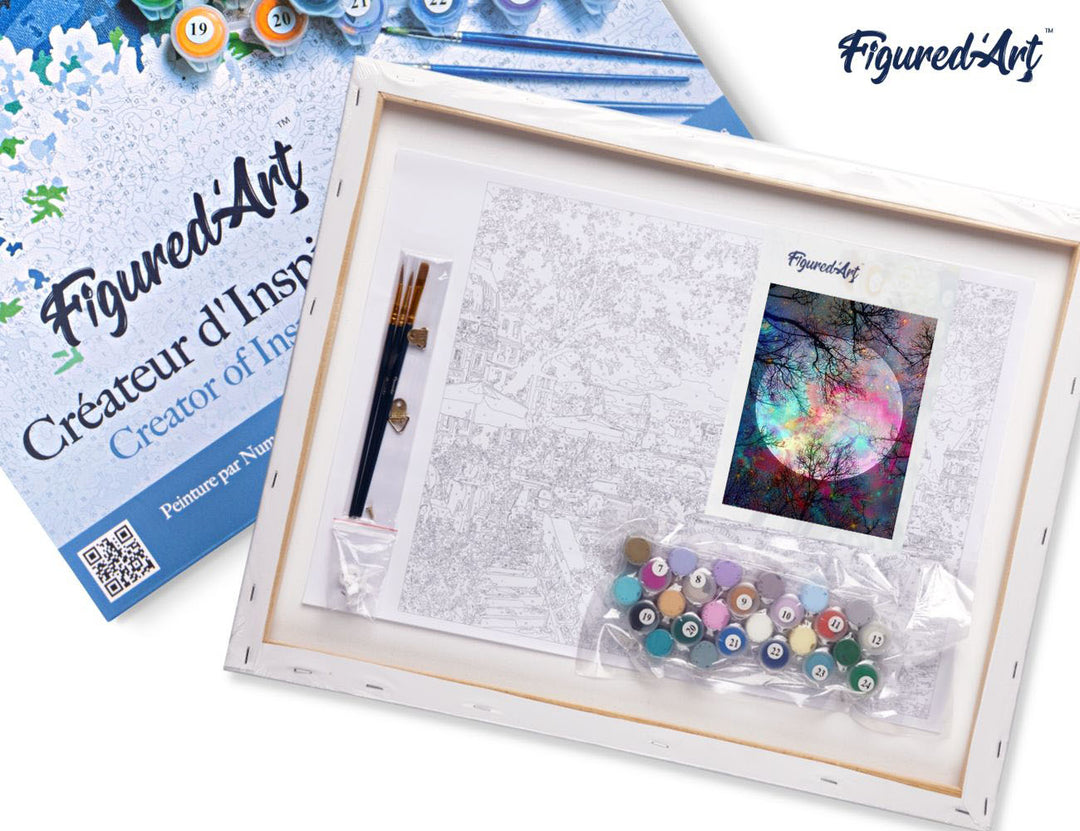 Malen nach Zahlen 40x50cm auf Keilrahmen gespannt Figured’Art Vollmond mit bunten Farben - Kidis Art