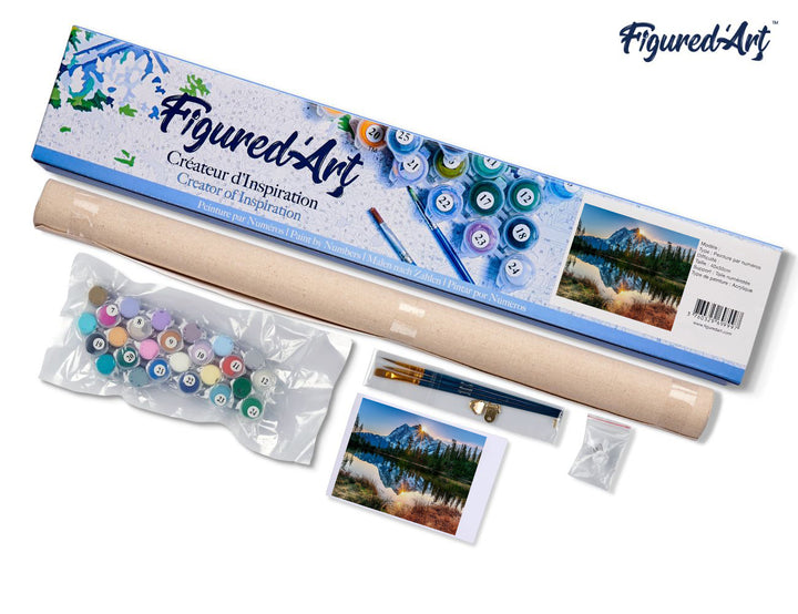 Malen nach Zahlen 40x50cm ohne Keilrahmen Figured’Art See und gespiegelter Berg