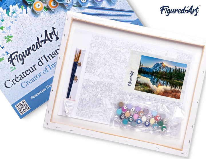 FiguredArt Malen Nach Zahlen Set 40x50 cm Auf Keilrahmen Mit Vorgemischten Farben Und Pinsel See Und Gespiegelter Berg - Kidis Art